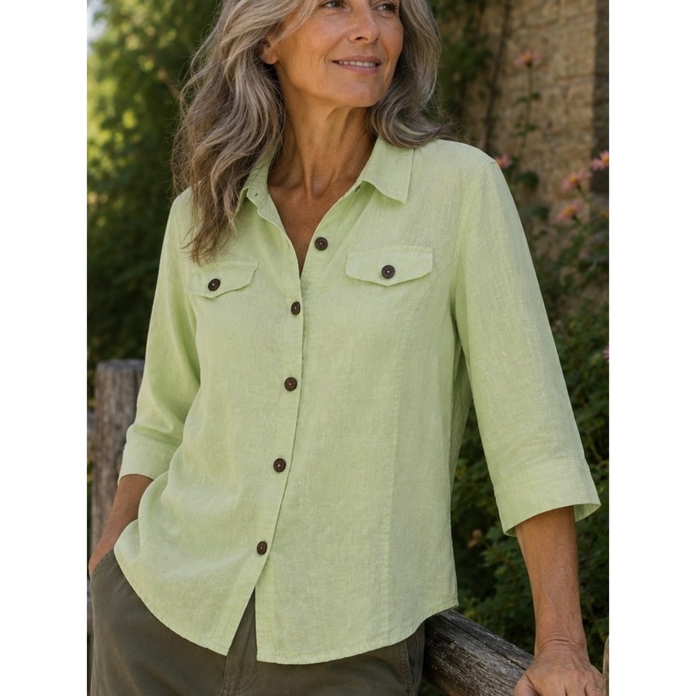 David Dart Womens‎ Button Down Shirt Lime Green Petite XL Linen 3/4 Sleeve